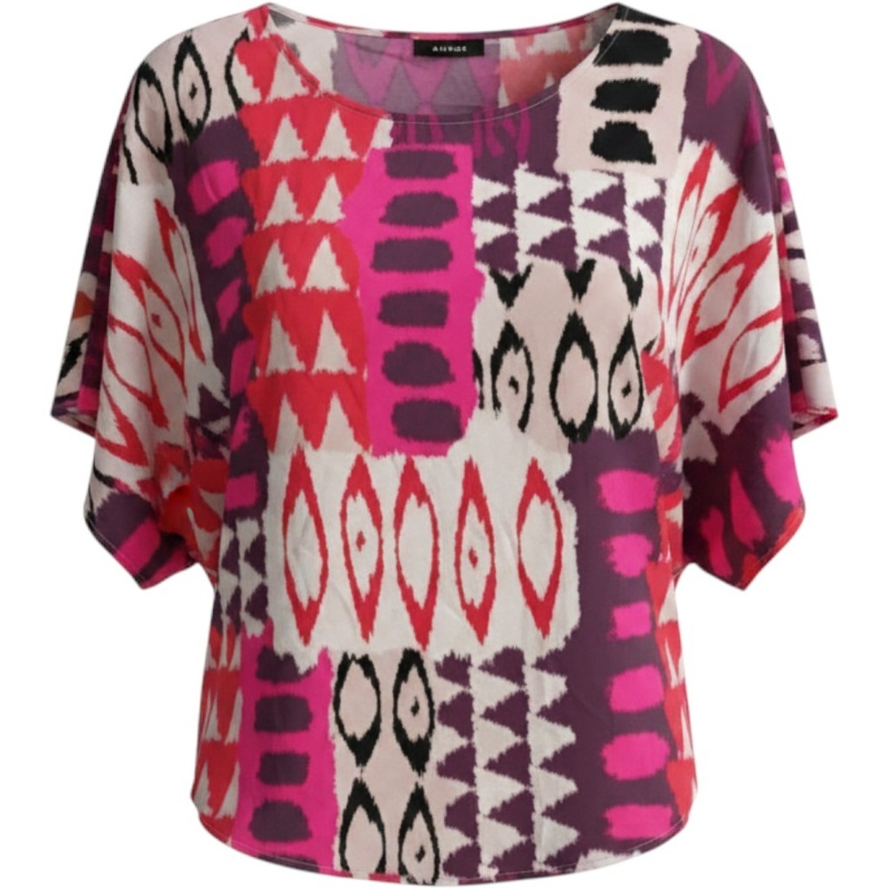 Natori Womens XS Multi Color Ikat Geometric Print Dolman Sleeve‎ Satin Blouse